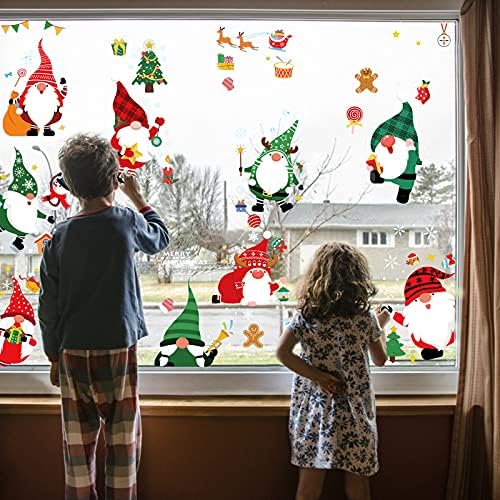 Samhe חג המולד חלון נצמד, 10 גיליונות חג המולד מדבקות חלון עם מגוון גמדים חלון נצמד חג המולד חלון מדבקות קישוטי זכוכית