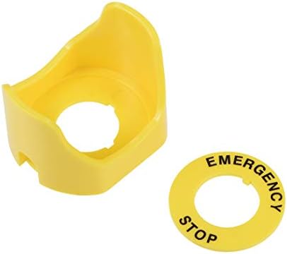 uxcell 22mm פלסטיק שתי רגליים לדחוף מתג כפתור כיסוי מגן עם עצירת חירום אזהרה עיגול צהוב 1pcs